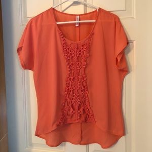 Coral high low crochet sheer blouse